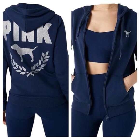 PINK Victoria's Secret Navy Varsity fleece y2k size medium hoodie logo Jacket - Picture 1 of 8